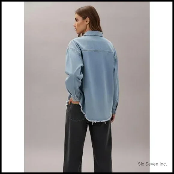 Oversized Denim Jacket Distressed Vintage Y2K Chic Boyfriend Fit Button Closure - Picture 7 of 8